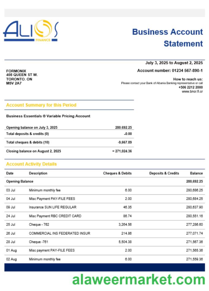 Alios Finance business firm account statement Word snd PDF format